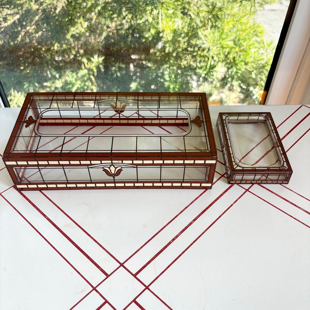 Vintage MCM Lucite Stained Glass Tissue Box Cover Soap Dish Set